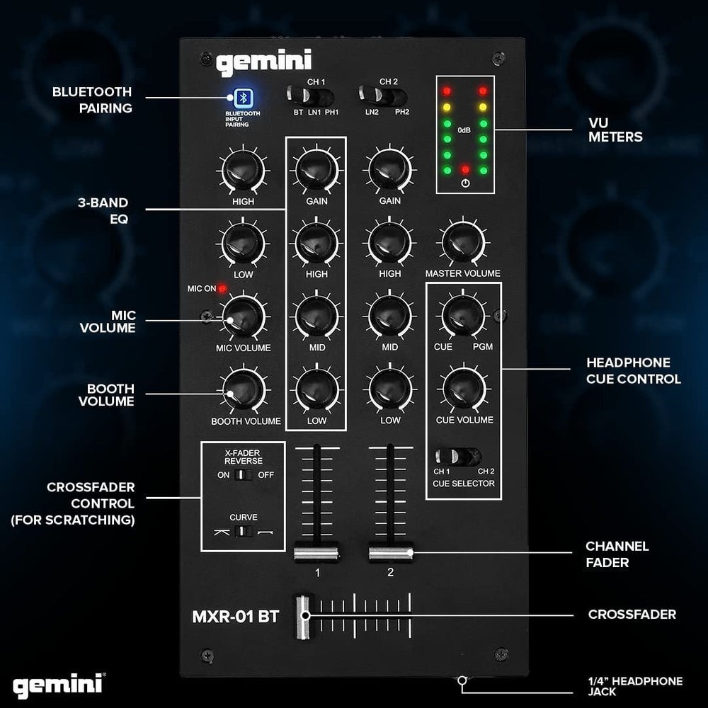 Gemini MXR-01BT 2-Channel DJ Mixer Bluetooth USB Professional Audio Interface