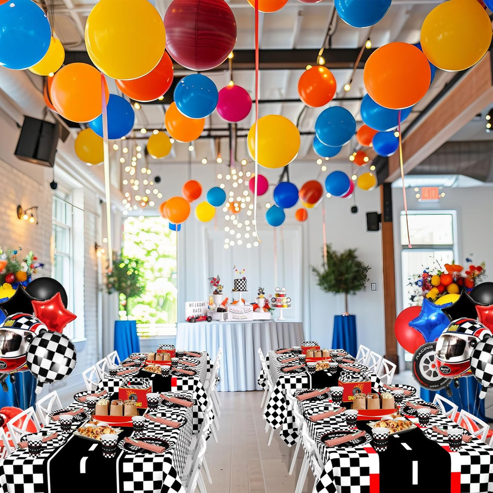 4 Pack Mixed Racing Car Plastic Rectangular Tablecloths, Black and White Checker