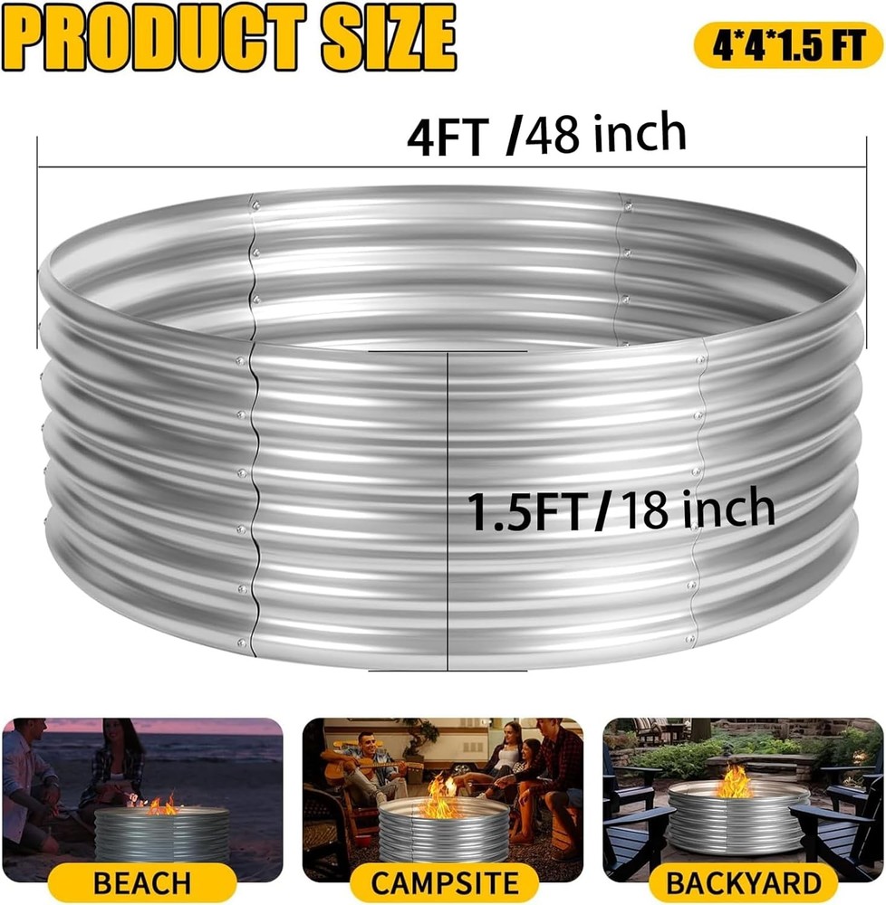 48 Inch Fire Pit Ring, 4FT Galvanized Fire Ring, Wood Burning Fire Pits Ring, Ou