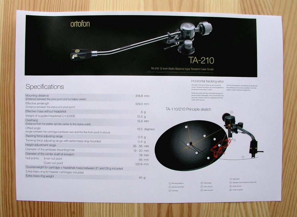 Ortofon TA-210 Custom Designed Tonearm Cartridge Stylus Alignment Protractor
