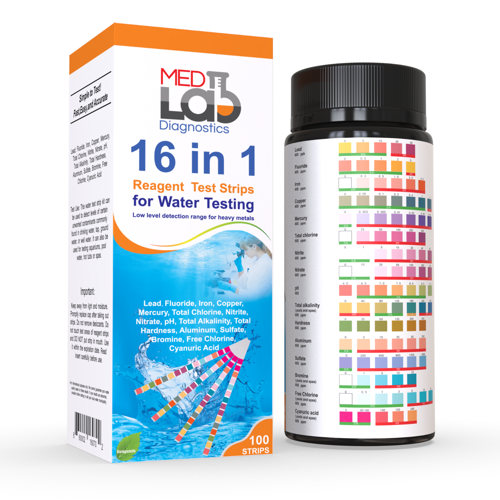 16 in 1 Drinking Water Test Kit Strips, 100 cnt. Home Water Quality Test for Tap