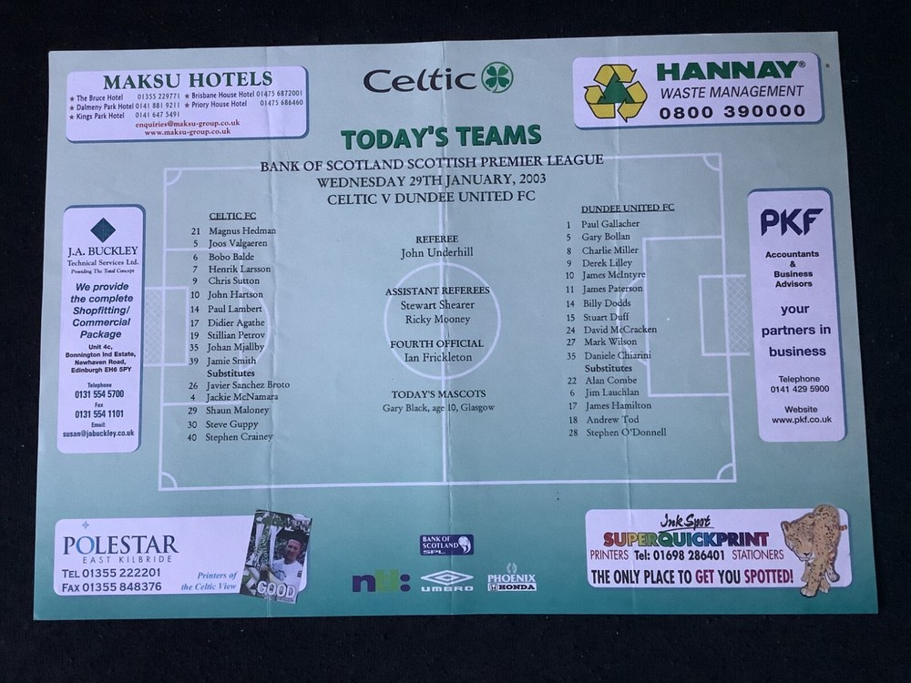 2002/3 Celtic v Dundee Utd January teamsheet