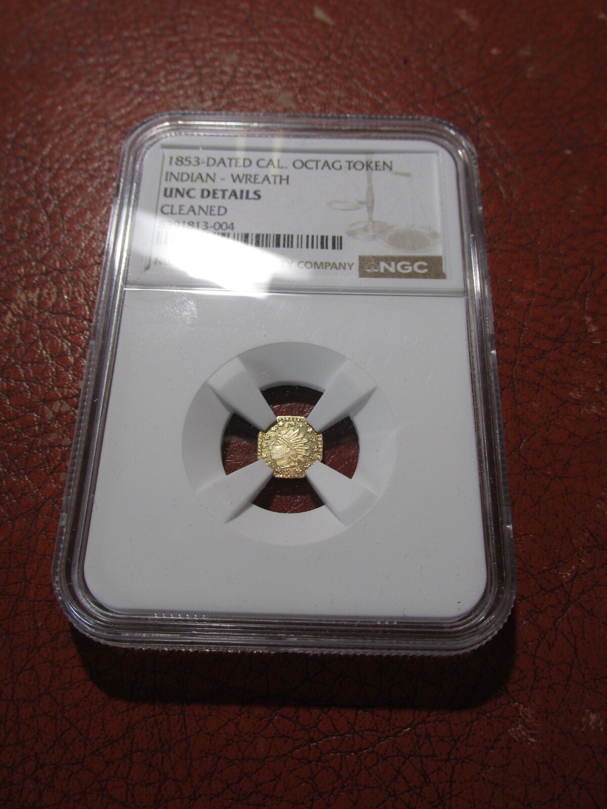 1853-Dated CAL. Octagonal Gold Token...Indian - Wreath NGC UNC Details