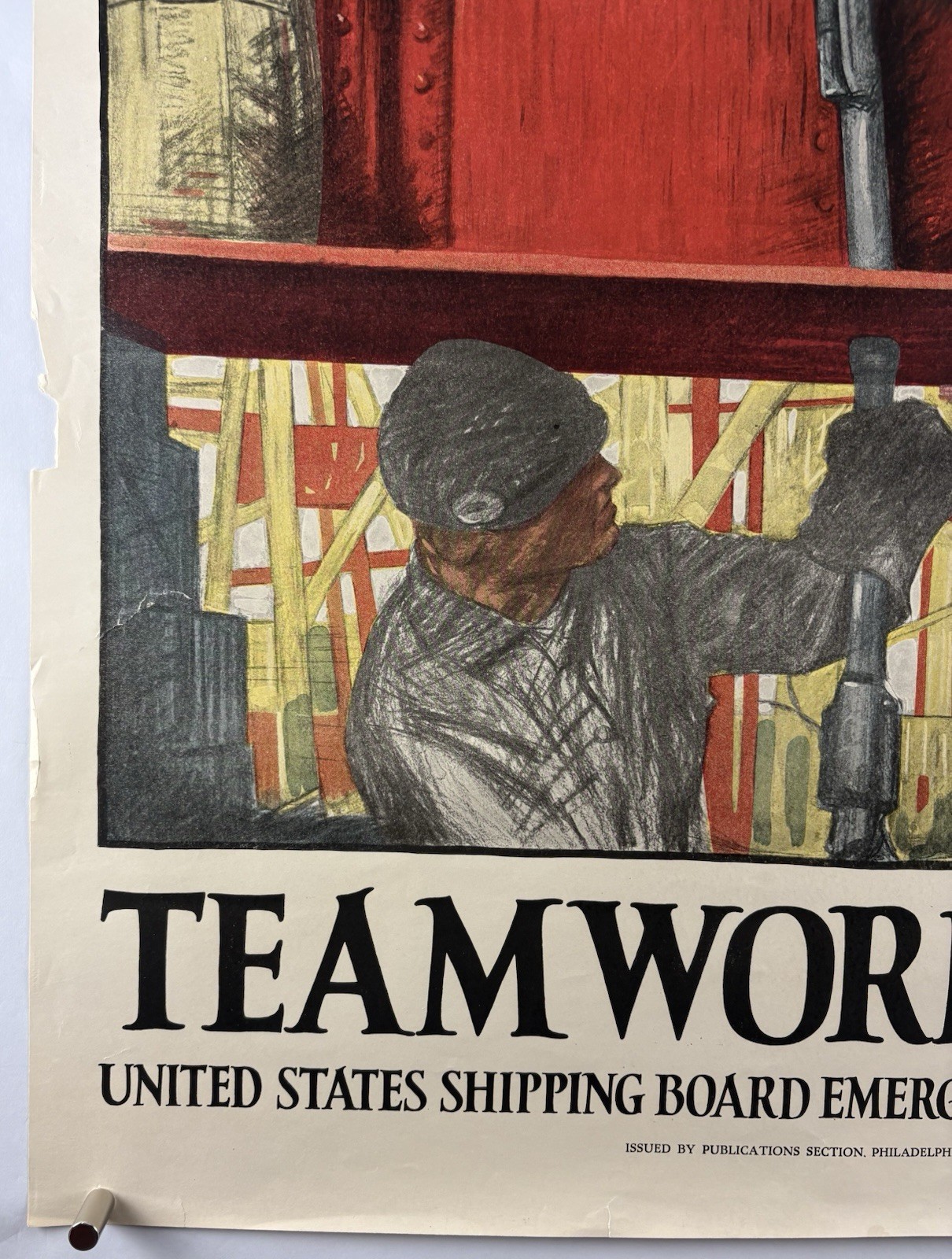 TEAMWORK WINS World War I Bond Poster (VeryGood) 1918 26 1/4”x41” WW1 Ships 001