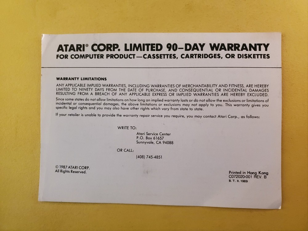 atari 90 day warranty insert