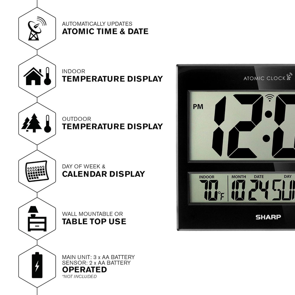 Sharp Atomic Clock – Never Needs Setting, Jumbo 3” Easy-Read Display, Indoor & O