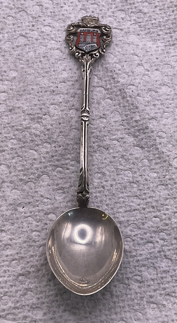 ANTIQUE .835 SILVER HAMBURG PORCELAIN SHEILD SOUVENIR SPOON 4 1/4”