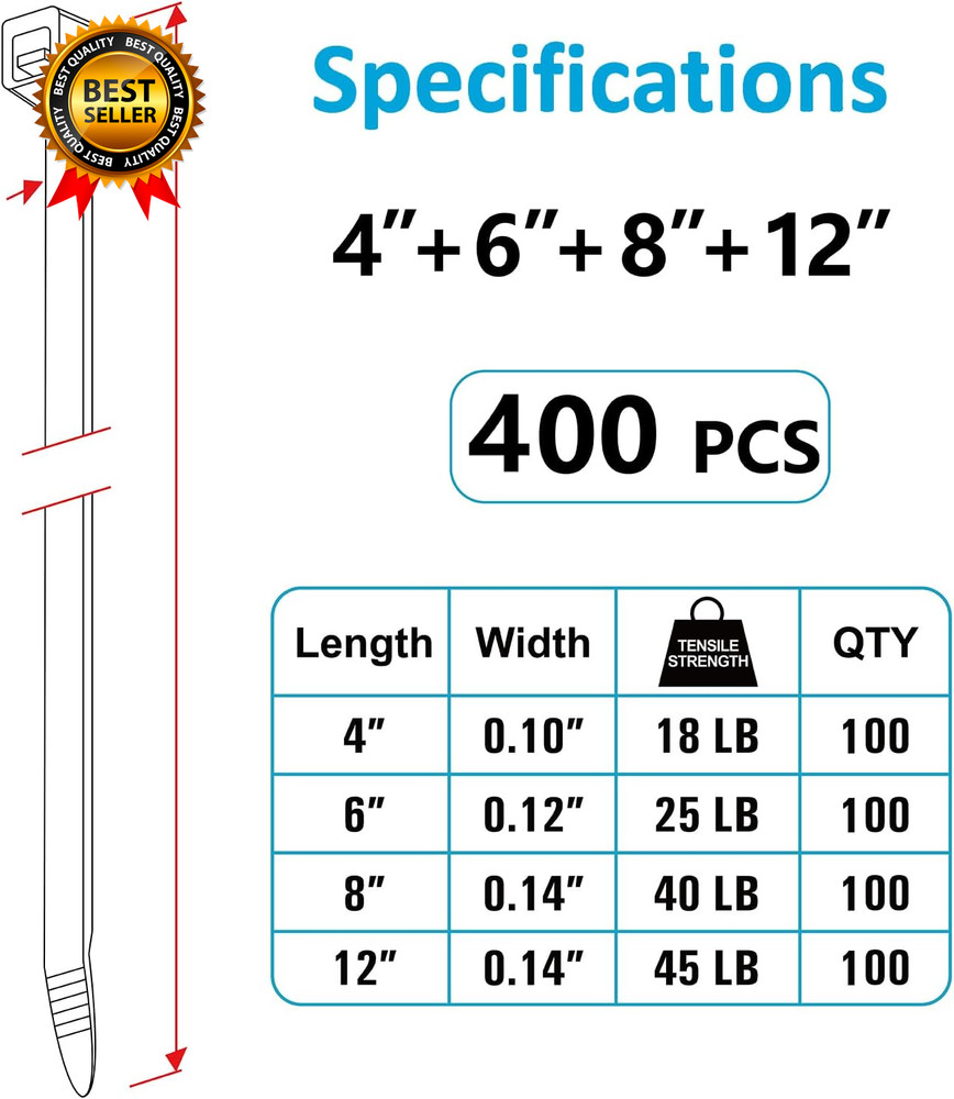 Zip Ties Assorted Sizes(4”+6”+8”+12”) 400 Pack