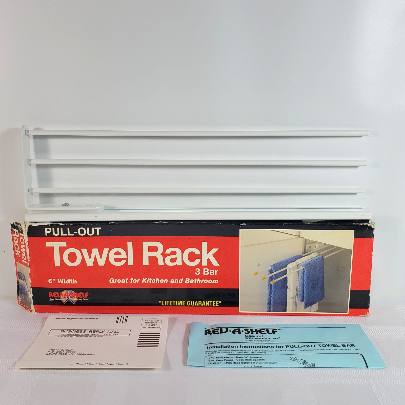 Vintage Rev-A-Shelf Pull Out Sliding Towel Rack 3 Bar White Kitchen Bath Laundry