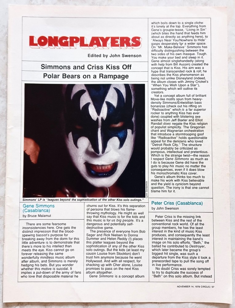 KISS~GENE SIMMONS & PETER CRISS SOLO ALBUM REVIEW~1978 MAGAZINE ARTICLE CLIPPING