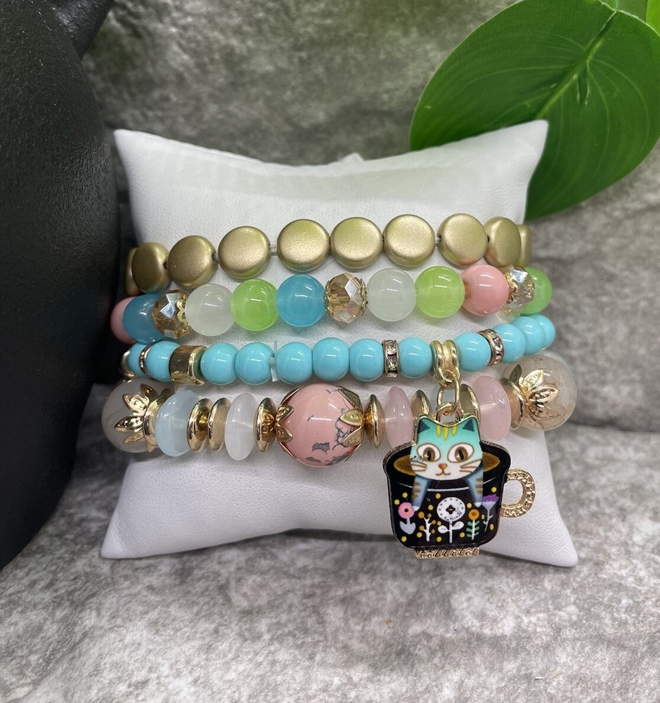 4 PC Handmade Boho  Beaded Stackable 6.25” Plus Stretch Bracelet Set New B1172