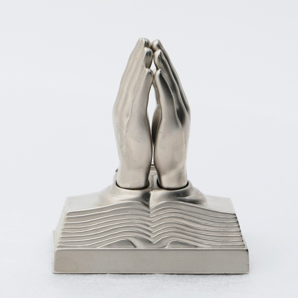 Elgin PRAYING HANDS Matte Silver Metal Mini Clock Figurine