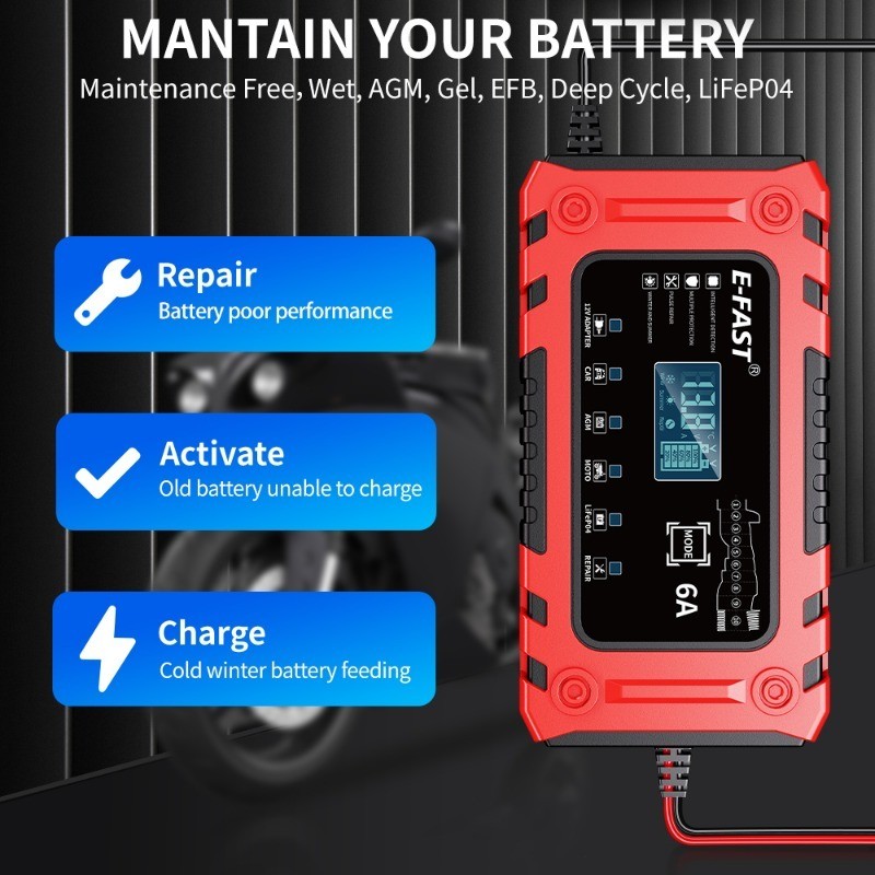 12V 6A Smart Battery Charger w/ Adapter Mode for AGM LiFePO4, Cars,Boat,Truck
