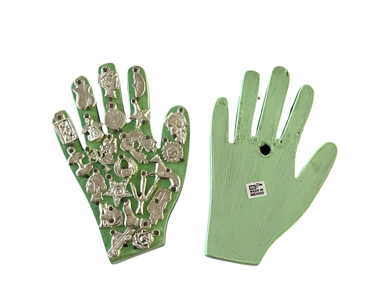 PAIR Mexican MILAGROS HANDS, Set (2) Small Hands With Charms, ExVotos GREEN