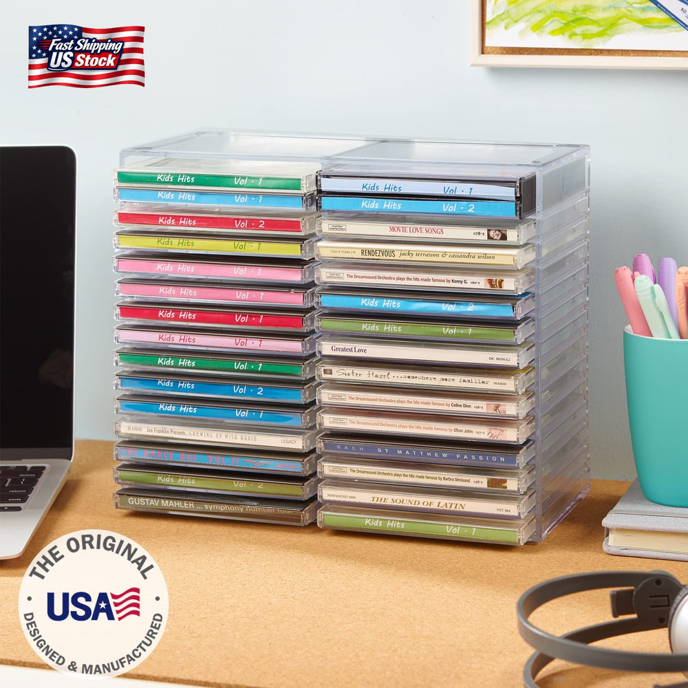 Stori Stackable Clear Plastic CD Organizer with Rubber Feet | Rectangular Jewel
