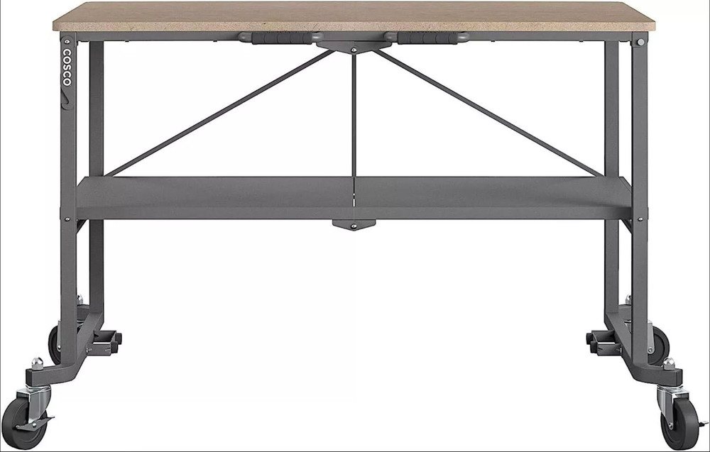 Folding Workbench Work Table w/ Wheels Bottom Shelf Storage for Workshop Garage