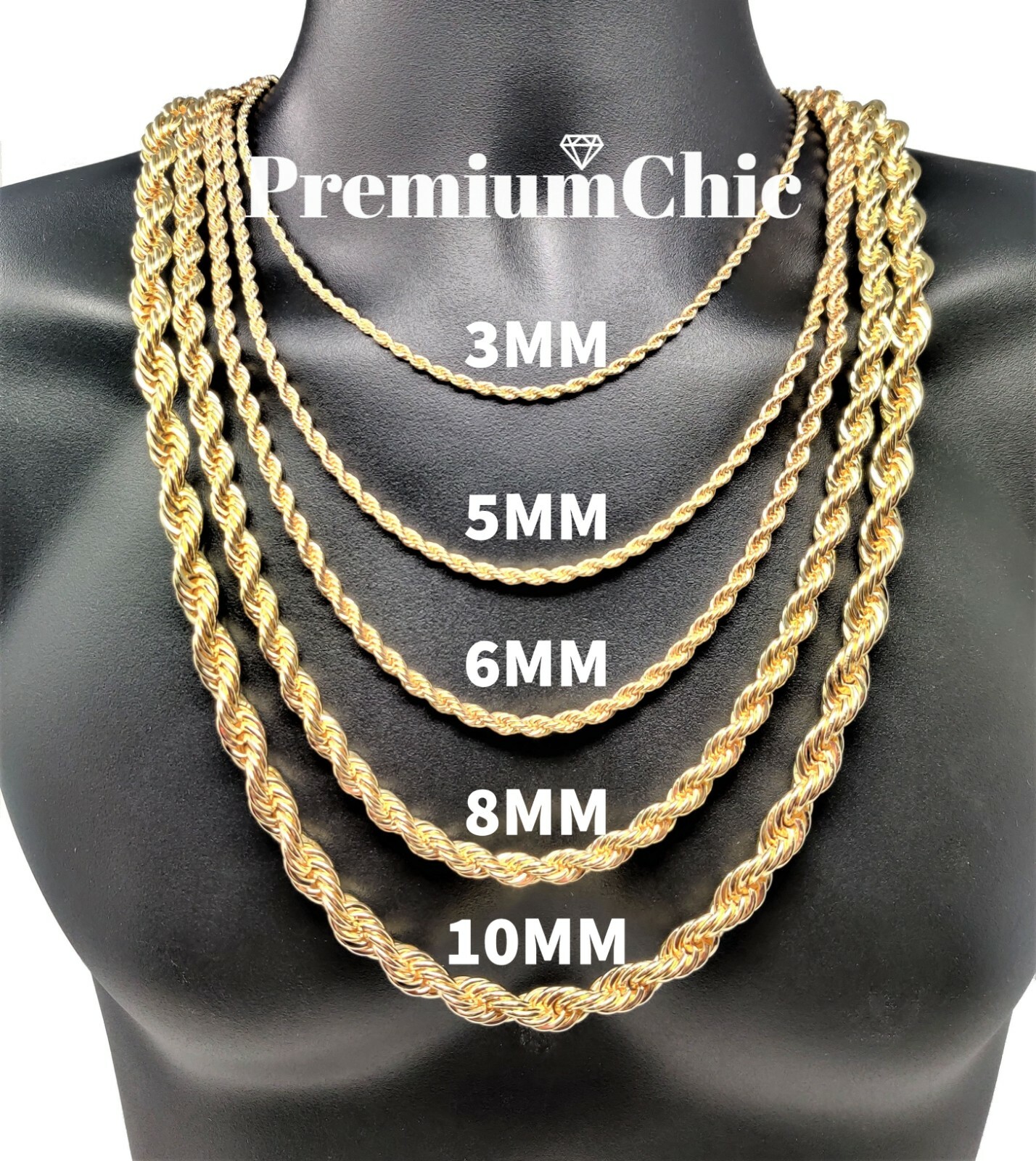 Rope Chain Necklace 3mm to 10mm 16" to 30" 14K Gold Plated Mens Hip Hop Jewelry