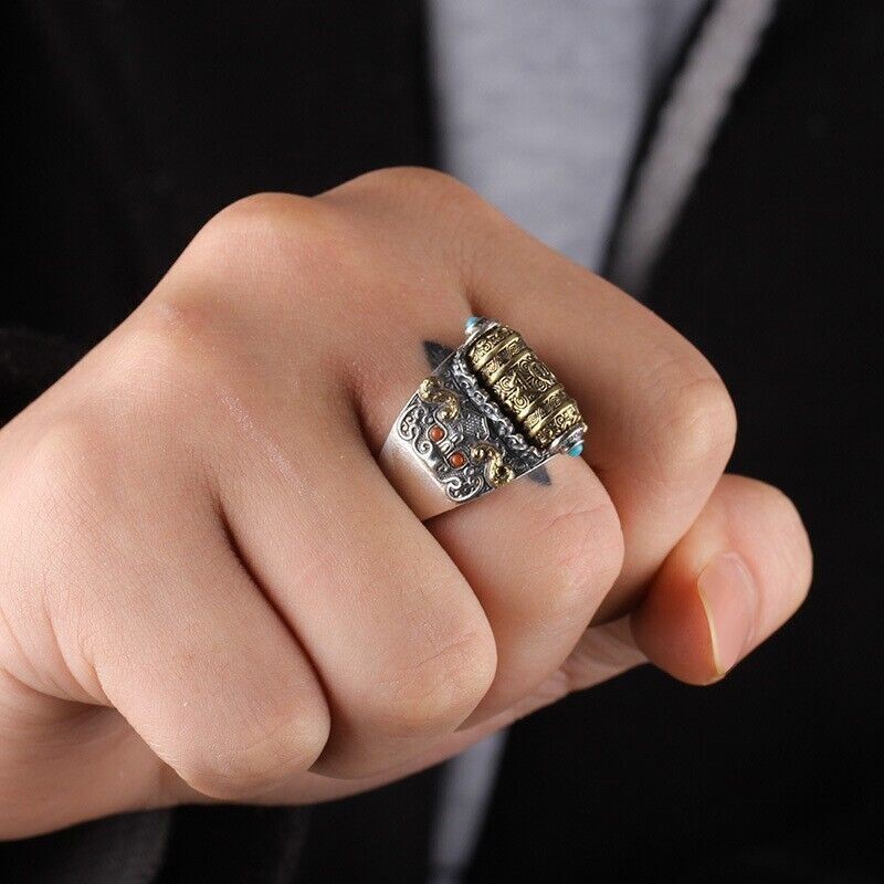 Men's Open Ring Buddhist prayer wheel Ring Adjustable Ring