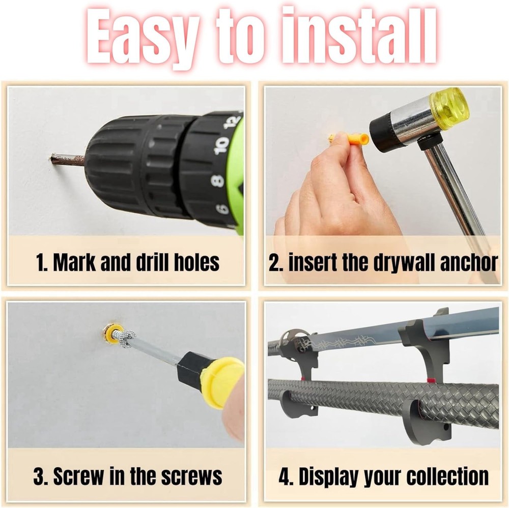 2/Set Sword Hook Wall Mount Samurai Sword Hanger Display Holder Adjustable fo...