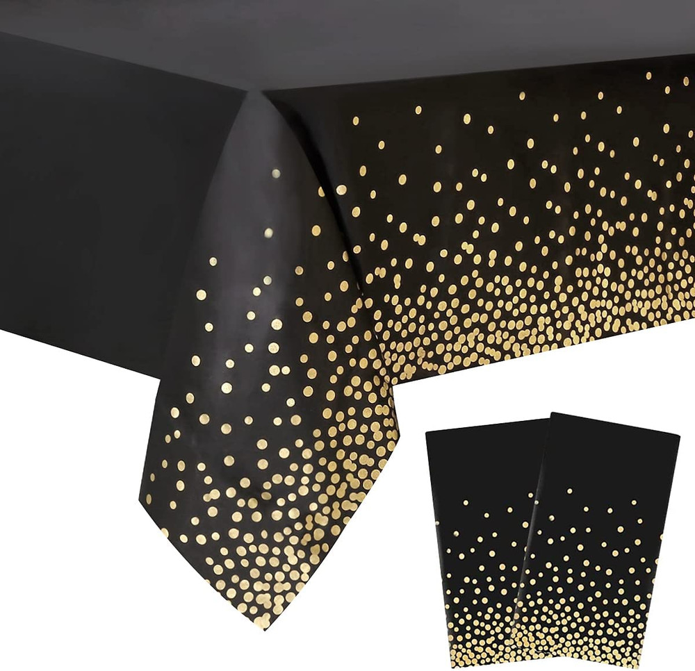 2 Packaging Black and Gold Plastic Tablecloth, 54 inch x108 inch Rectangular Dis