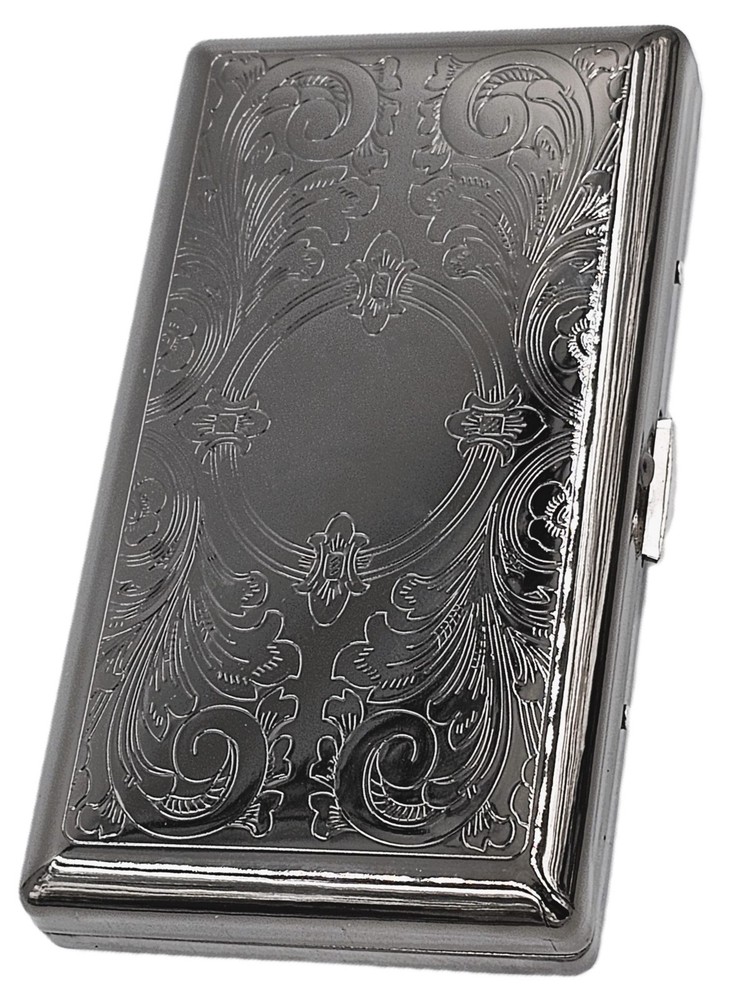 Cigarette Case Double Sided King & 100s Etched Pattern 4x2 inch Black