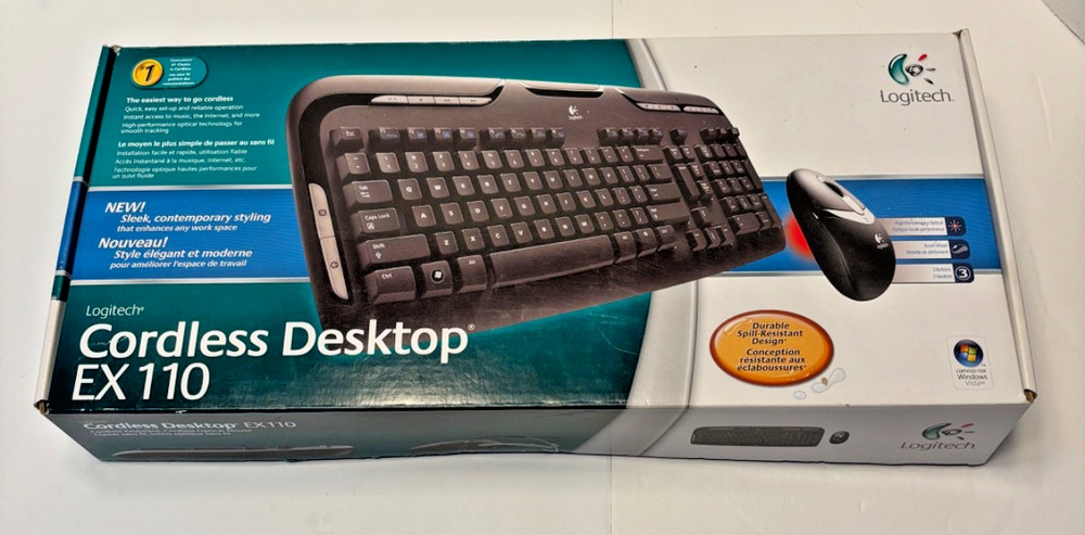 Logitech EX110 Cordless Desktop Wireless Keyboard & Optic Mouse - NEW, Open Box