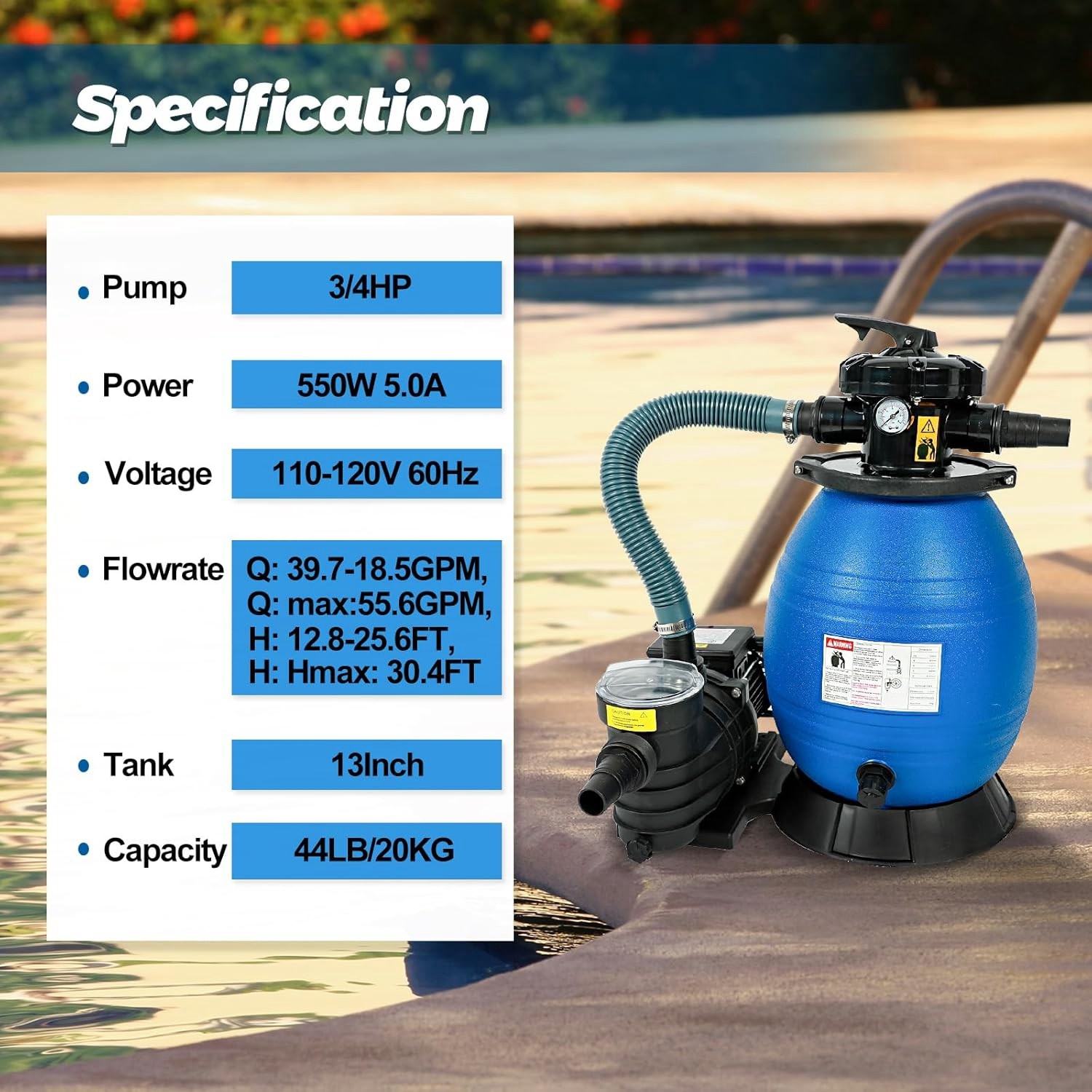 13" Pool Sand Filter with 3/4HP Pool Pump 5-Way Valve 3336GPH 110-120V Pump