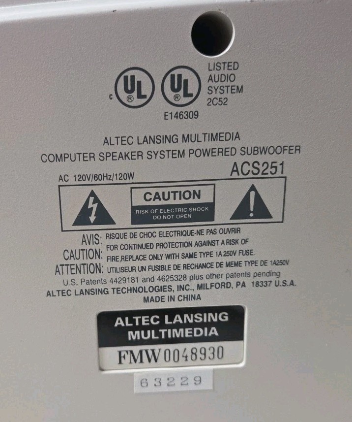 Altec Lansing Powered Computer Subwoofer Tested and Works Model ACS251 Sub Only