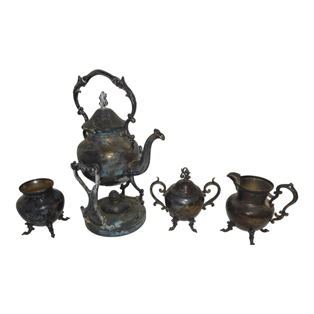 Antique Silver on Copper Tilting Teapot Set w/Burner, Sugar & Creamer