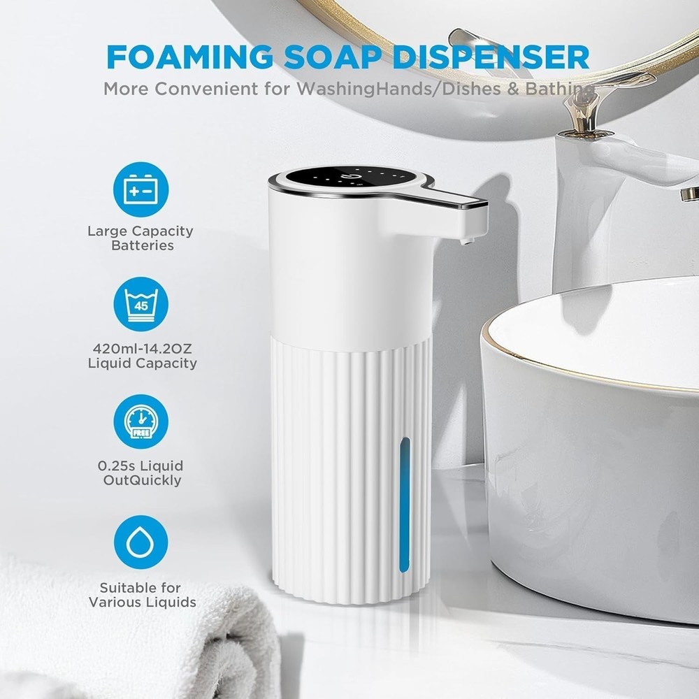 Automatic Soap Dispenser Foaming Touchless:14.2oz White Plastic - Rechargeabl...