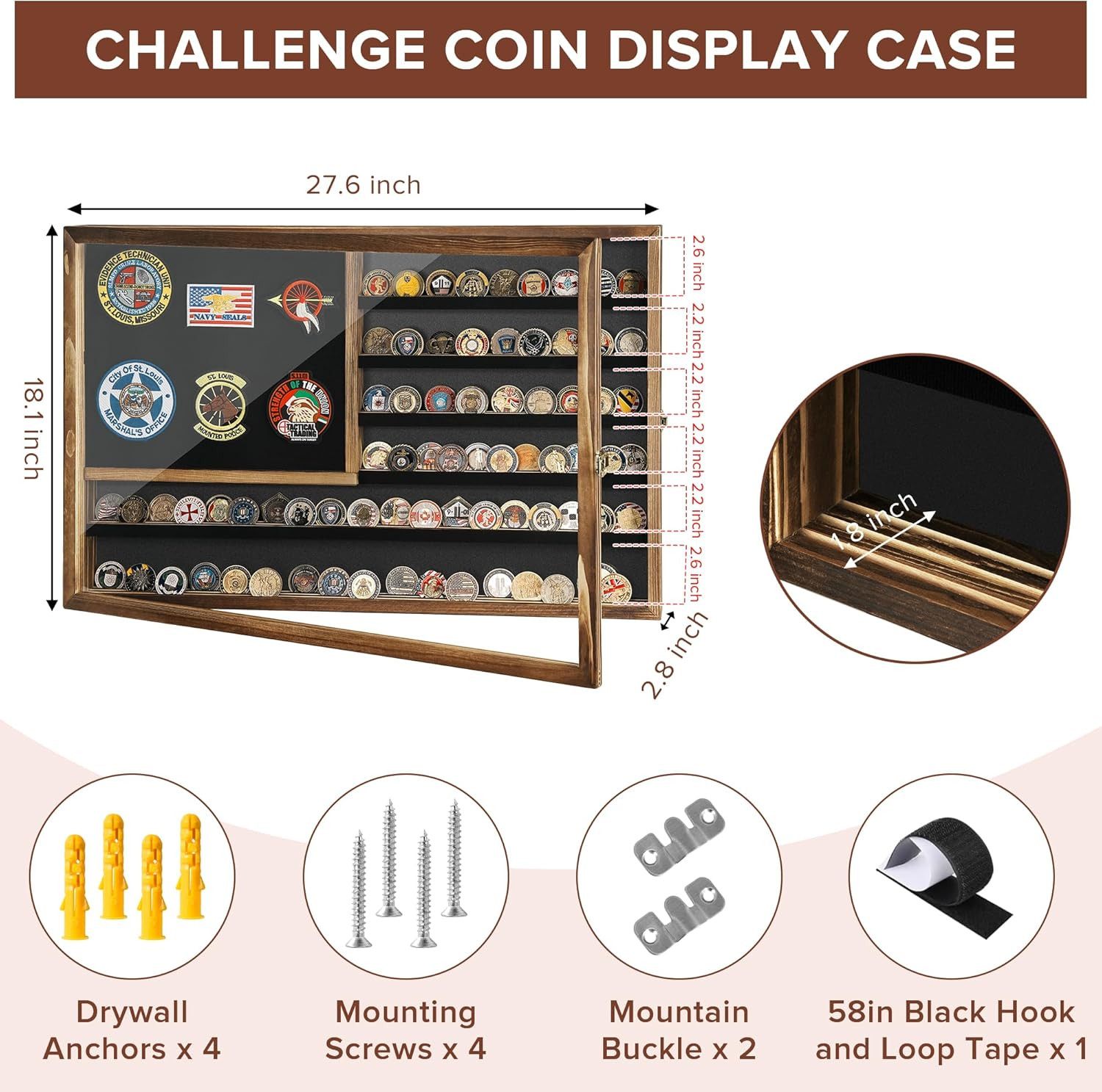 Challenge Coin Display Case, 27.6"X 18.1"Lockable Military Coin Holder with Remo