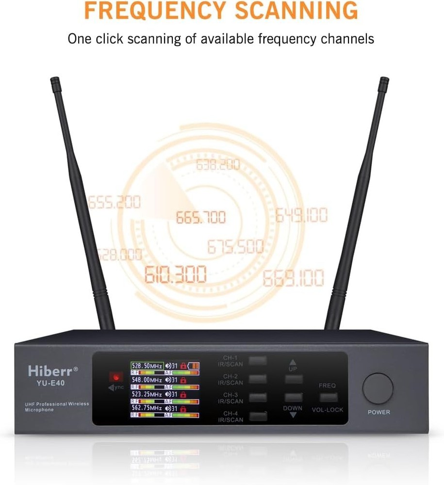 Hiberr YU-E40B Wireless Microphone System, 4 Channels Adjustable UHF Wireless