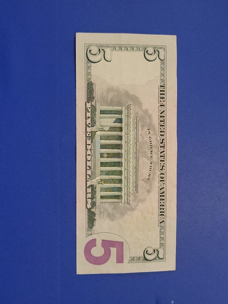 $FIVE DOLLAR BILL Trinary Repeater Fancy Serial Number with bleed through error!