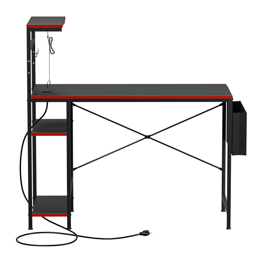 44" Computer Desk Rectangular Gaming Desk with LED Lights & Power Outlets Black