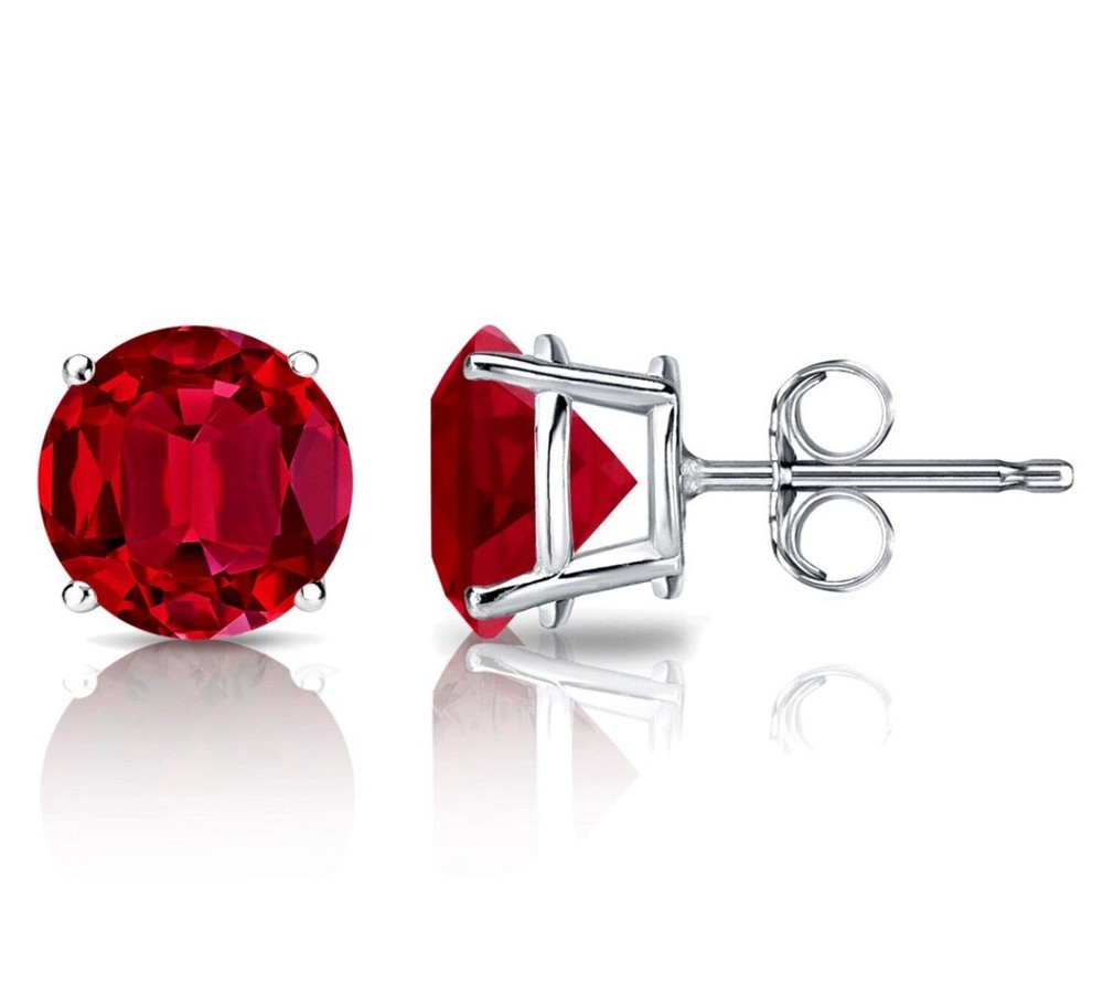 4 CT LAB CREATED RED RUBY STUD EARRINGS 14K WHITE GOLD ROUND CUT 7MM PUSH BACK