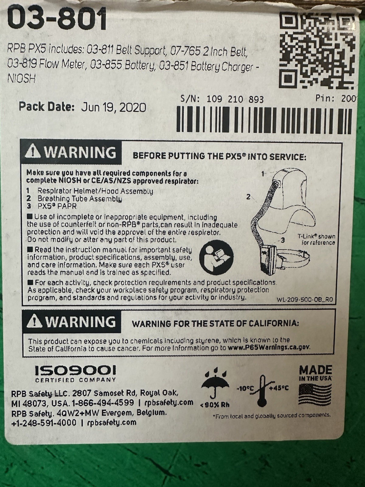 RPB Safety PX5 PAPR Powered Air Purifying Respirator Kit 03-801