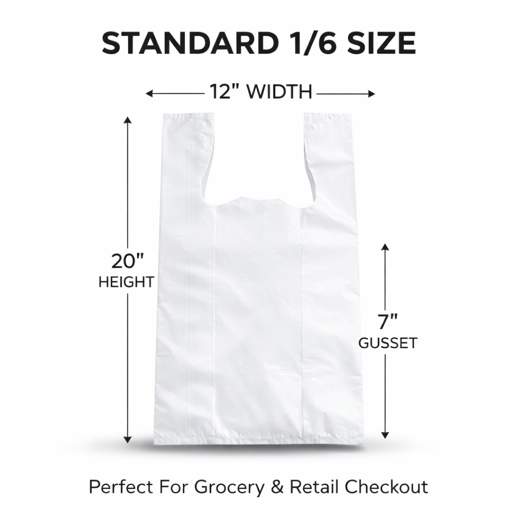 2.25 Mil Reusable Grocery White T-Shirt Bags 12x7x20 Extra Heavy Duty