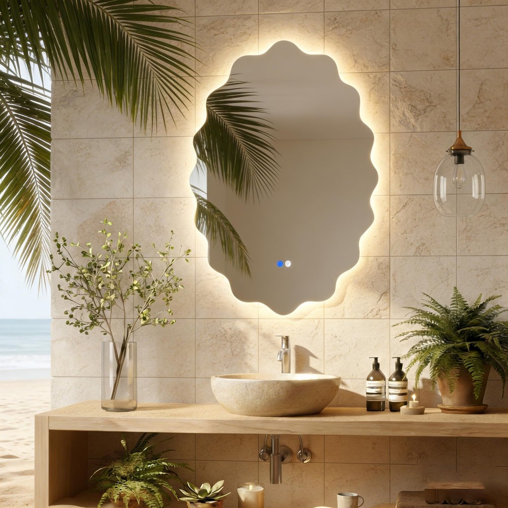 Oval Irregular Wave LED Bathroom Wall Mirror, Dimmable Backlit Mirror with 3 ...