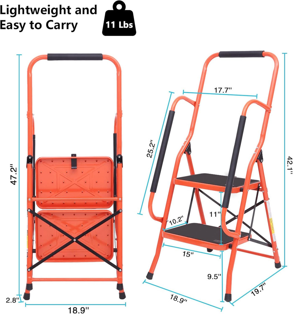 LUISLADDERS 2 Step Ladder, Folding Step Stool with Handrails, Step Ladder 2 Step