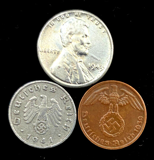 WWII-Era Germany & U.S. 3-Coin Set – 1 RP Zinc, 1 RP Bronze, 1943 Steel Penny