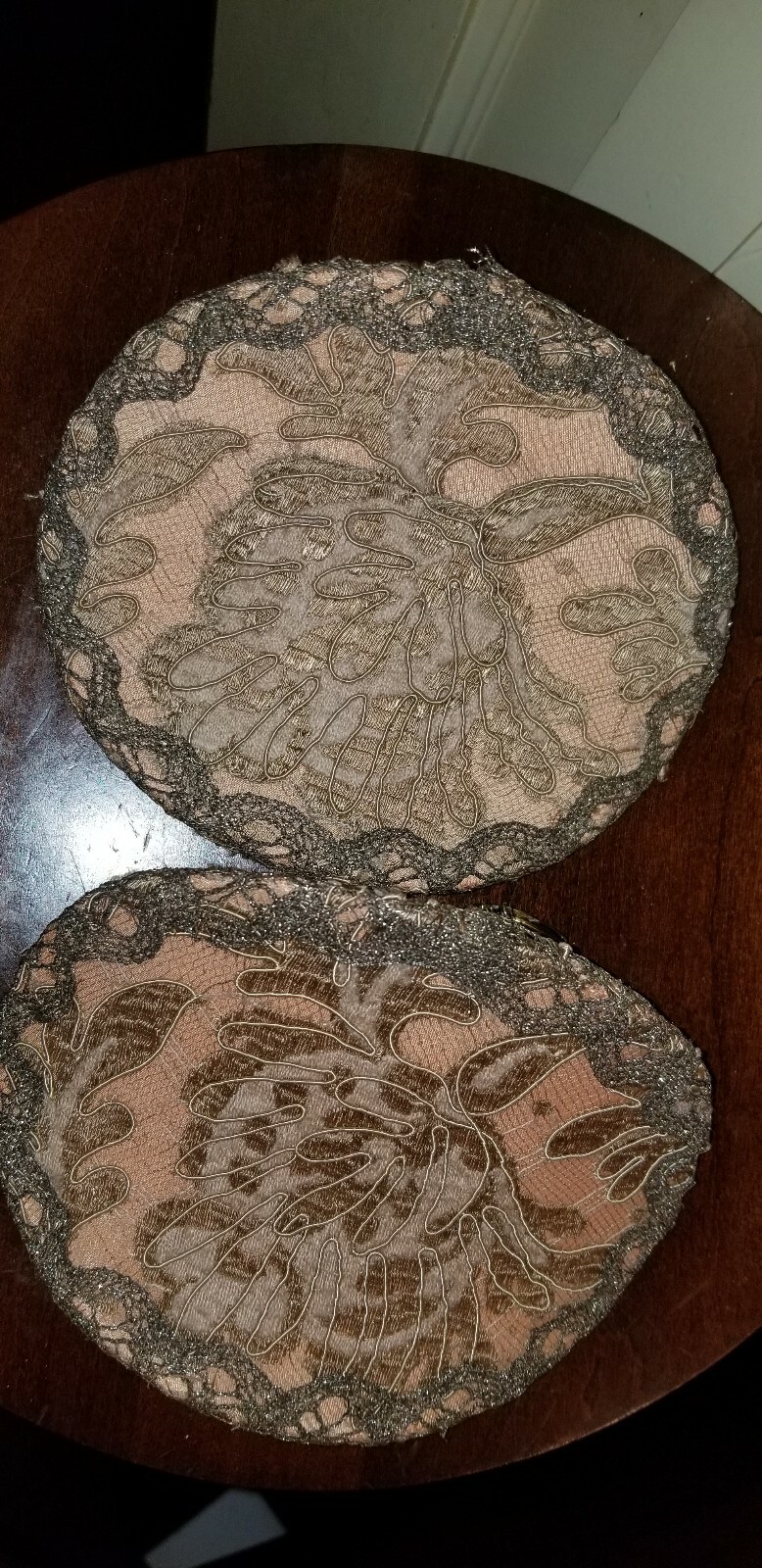 ANTIQUE PAIR FRENCH METALLIC LACE EMBROIDERED CANDLE SHADE SHIELDS HALF SHADES