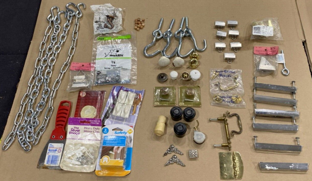 This Old House DIY NOS & Used Hooks Chains Knobs Pulls Clips Hinge Screws Clamp
