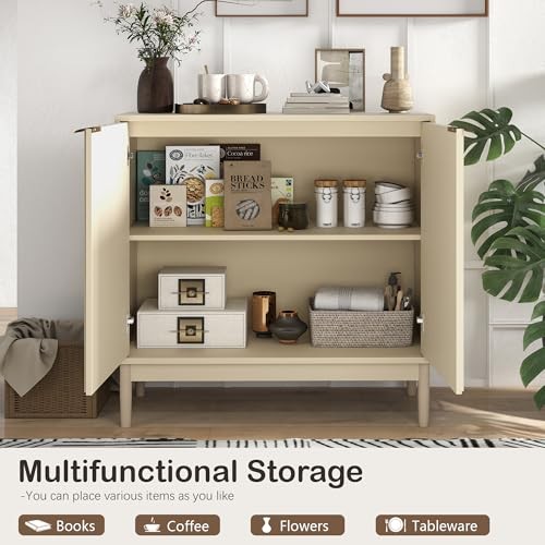 Fluted Sideboard with Storage, Buffet Cabinet Sideboard with 2 Doors Beige