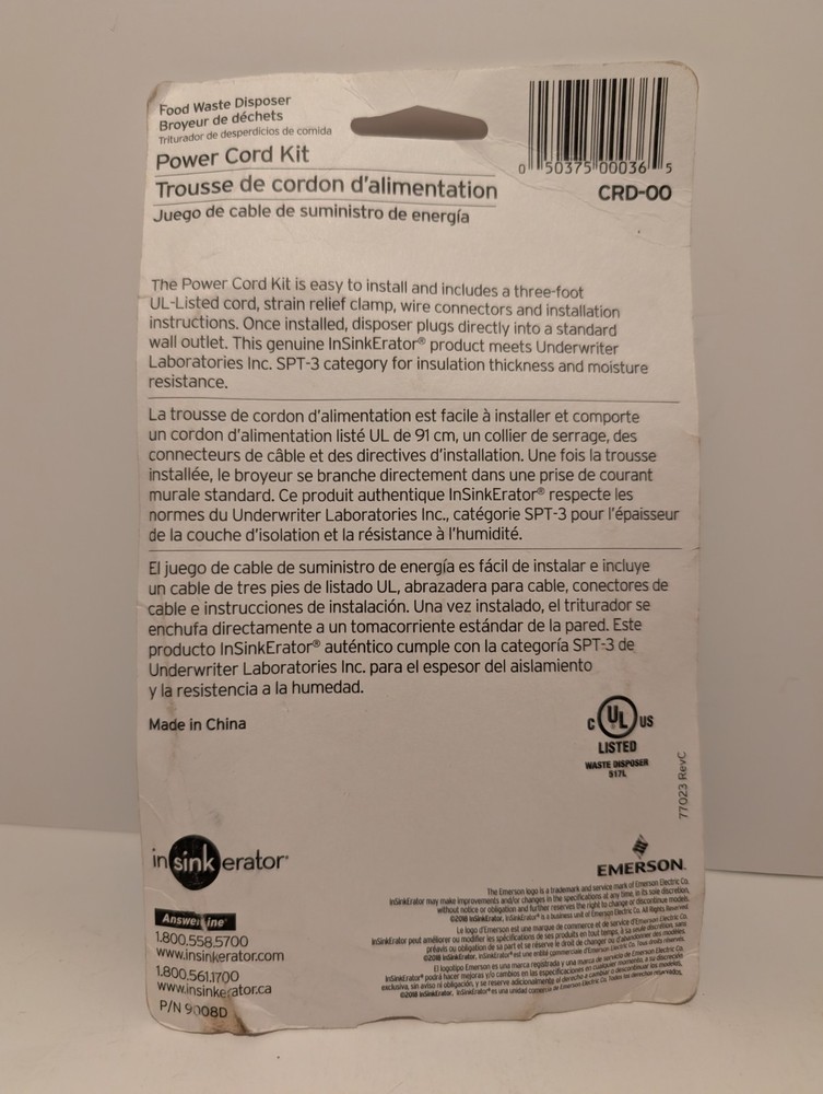 InSinkErator Garbage Disposal CRD-00 Power Cord Accessory Kit New