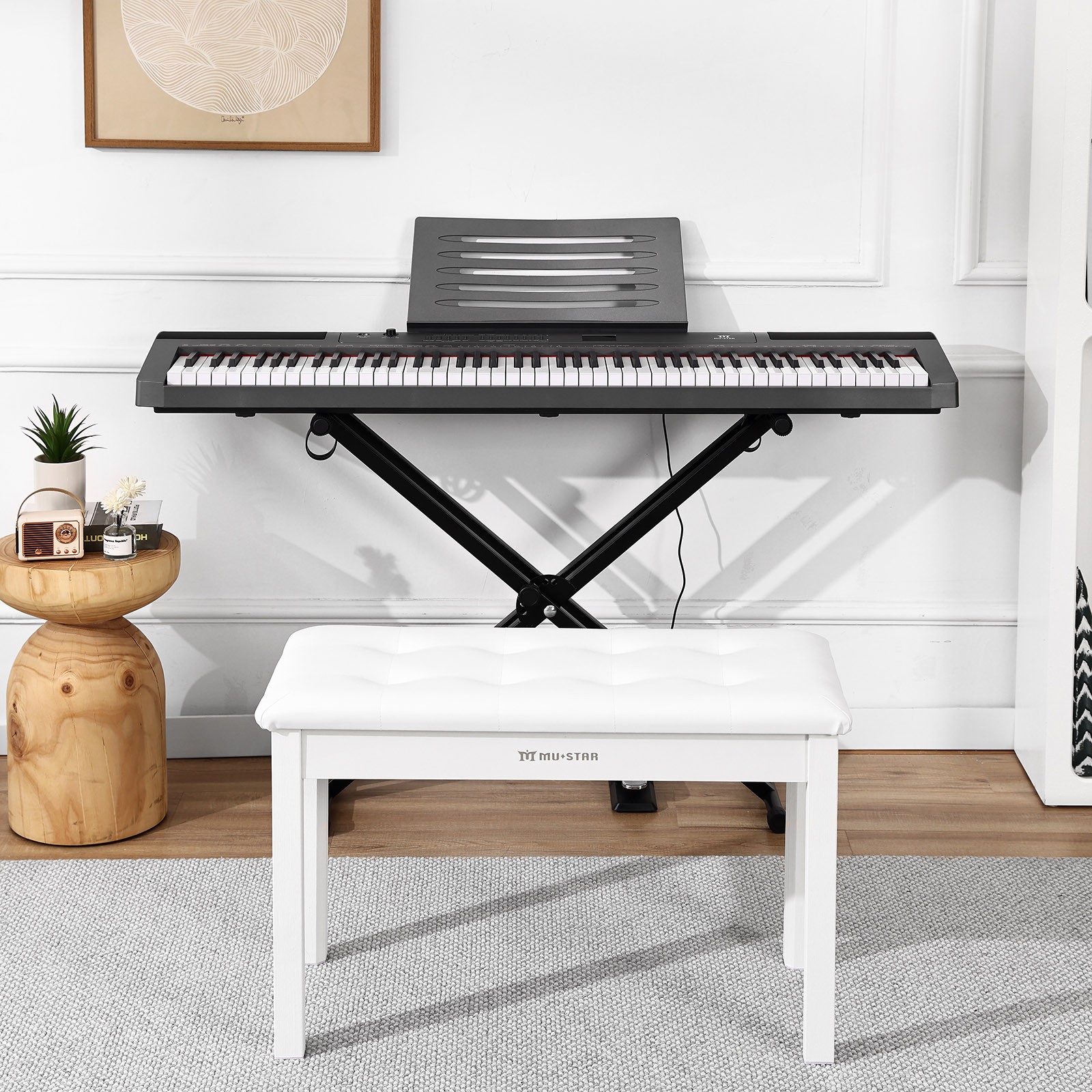 Wooden White Duet Piano Keyboards Bench Vanity Stool with Storage,Padded Cushion