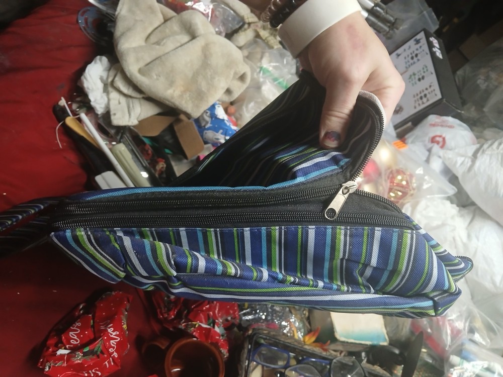 blue striped insulated bag with a reflective interior lining,