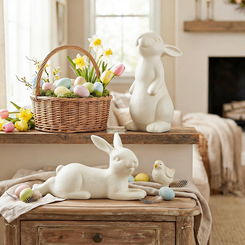 2 Pcs Easter Terracotta Bunny Figurines Decorations Rustic Rabbit Standing Bu...