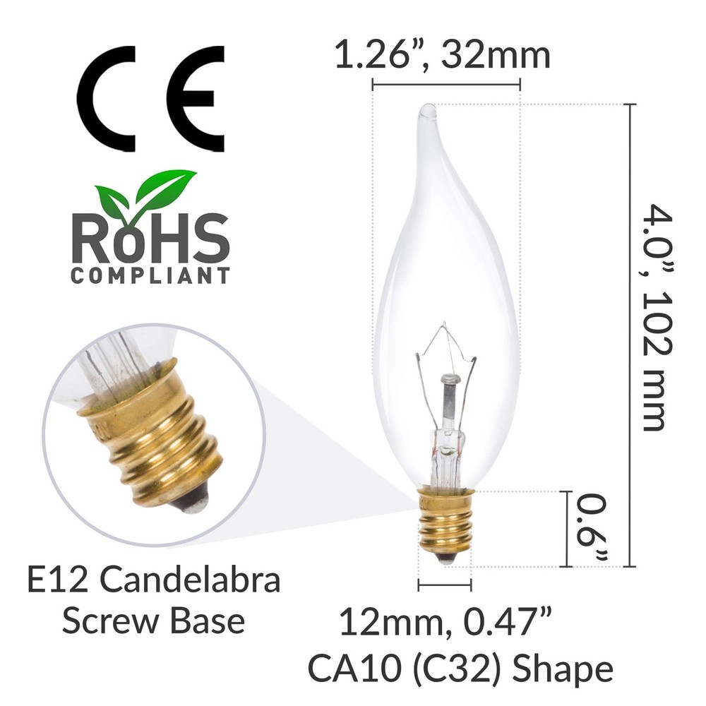 Simba Lighting Candelabra Flame Tip Clear CA10 40W E12 Base (12 Pack) Decorat...