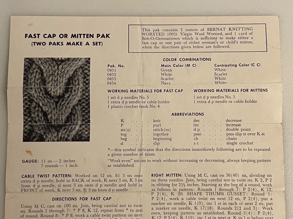 Vintage Bernat Cable Stitch Fast Cap or Mittens Knitting Pattern Instructions