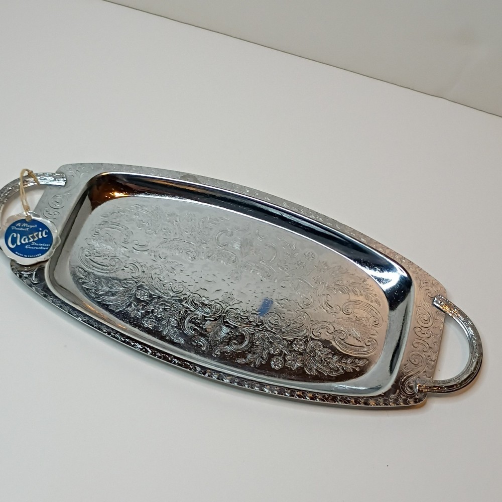 Mayell Stainless Steel Silver Rectangle Serving Tray Floral Pattern Handles